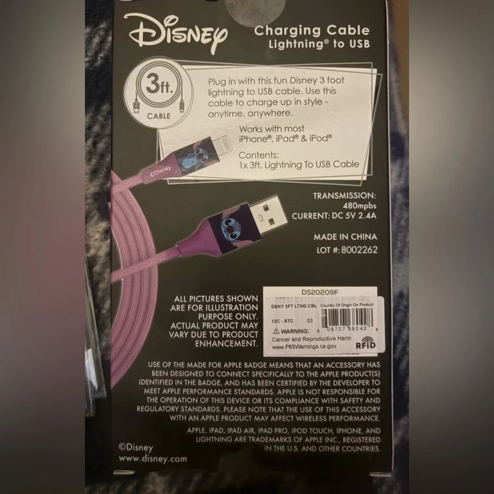 NWT Disney Stitch Pink phone charger Cable